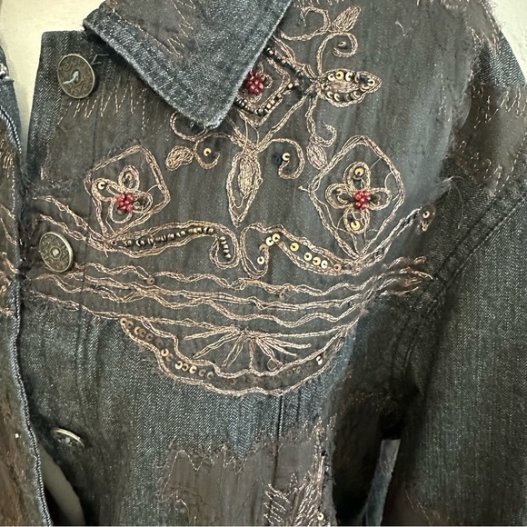 Chico’s jean blazer jacket w/copper embroidery. So much detail. - Picture 4 of 12